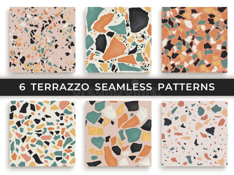 Six seamless terrazzo patterns. Hand crafted and unique patterns repeating background. Granite textured shapes in stock illustration