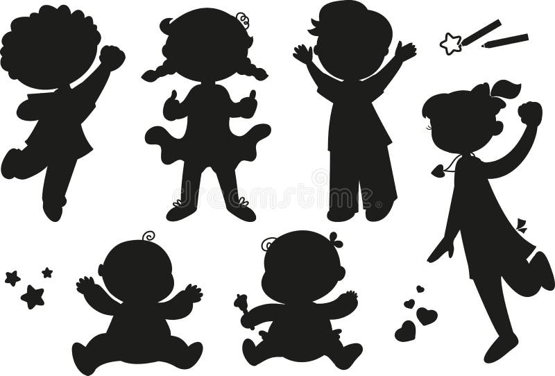 Six black silhouettes of happy boys girls and babies. Six black silhouettes of happy boys girls and babies