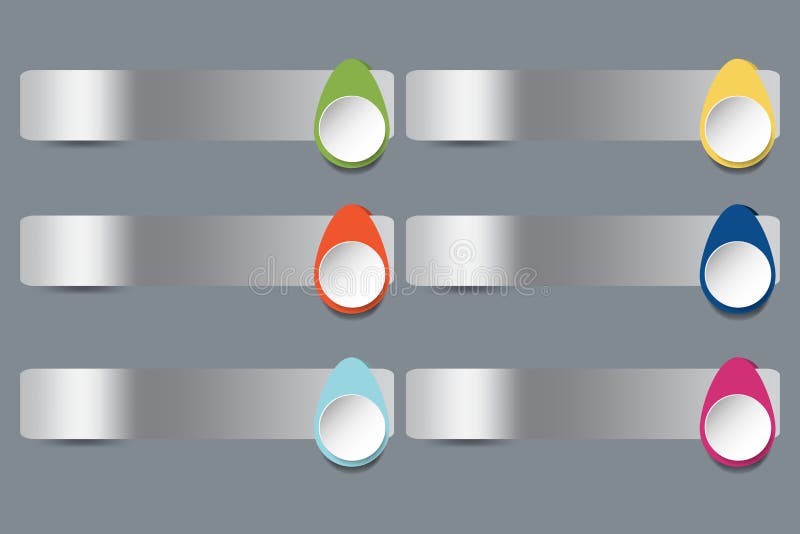 Six stainless steel horizontal labels with colorful drops decor vector illustration Six stainless steel horizontal labels with colorful drops decor vector illustration