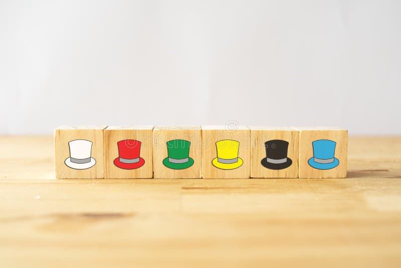 Six thinking hats concept, the success way to under the human wear which hat when talking about, the hats including feeling/emotion, creativity, awareness, control, positive thinking, facts