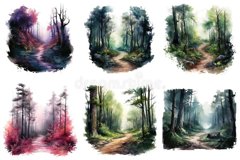 Six Watercolor Paintings of Enchanting Forest Paths stock illustration