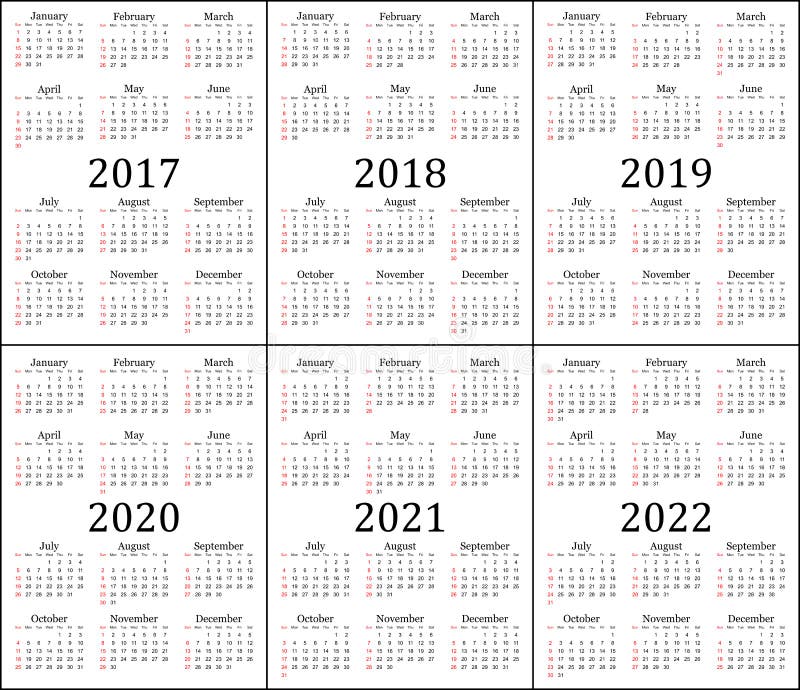 Six Year Calendar - 2017, 2018, 2019, 2020, 2021 And 2022 ...