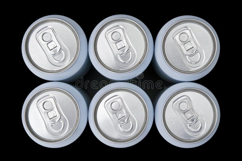 A six pack beverage cans seen from above with a slight perspective. A six pack beverage cans seen from above with a slight perspective