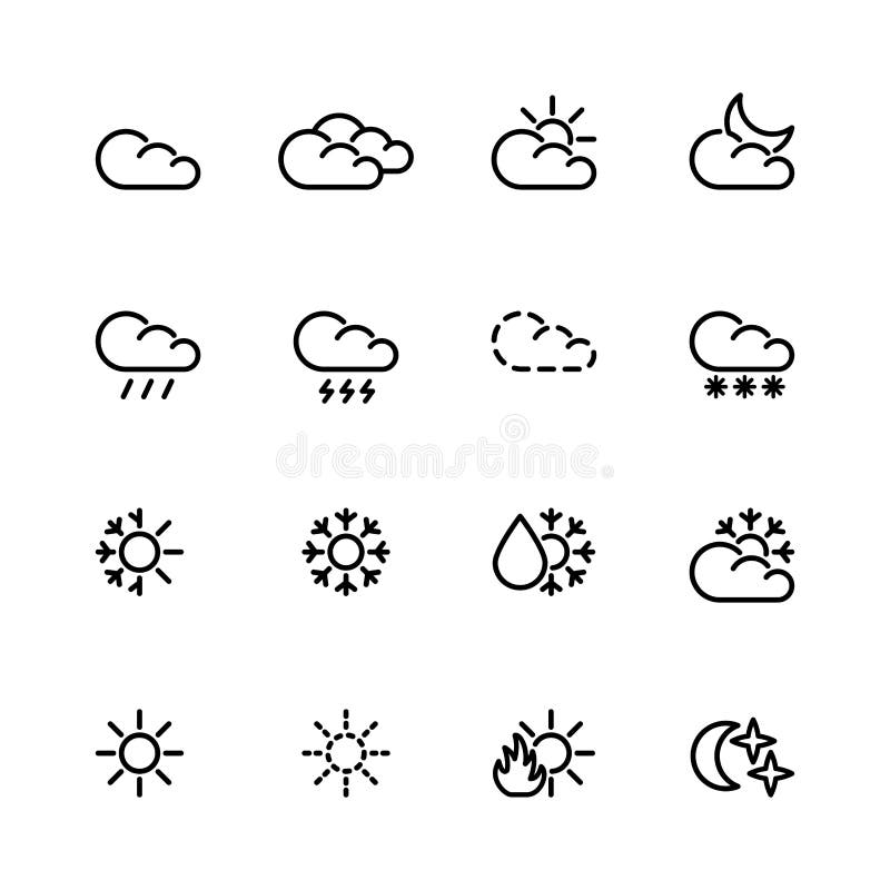 Sixteen black outline weather icons