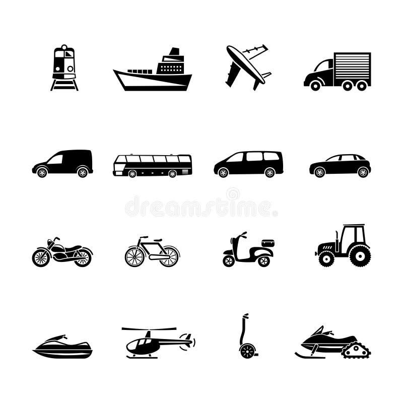 Sixteen black transport icon set