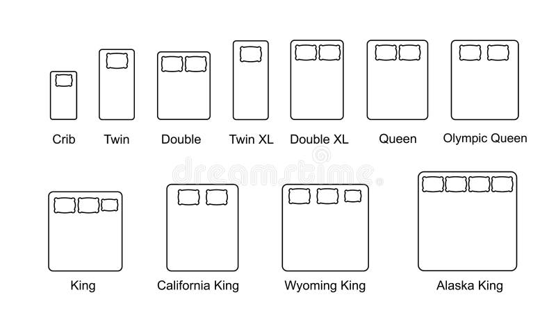 Sizes Of Beds And Mattresses. Line Icons Of Mattresses With Dimensions ...