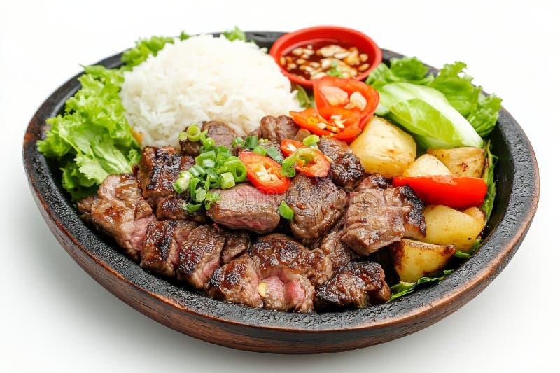 Sizzling Beef Steak with Rice and Vegetables Vietnamese Cuisine a