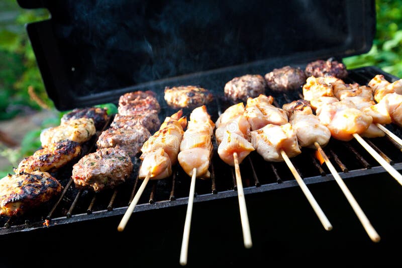 Chicken Kebabs on the Grill and Human Hands Stock Photo Image of