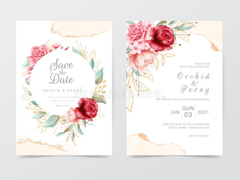 Sjabloon voor huwelijkskaarten met bloemen frame en waterkleurachtergrond Glitterversiering van getextureerde gouden glitter