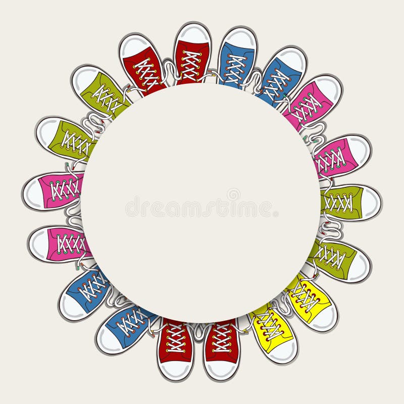 Empty white circle frame with colorful sneaker shoes for teen fashion concept or children footwear design on isolated background. Empty white circle frame with colorful sneaker shoes for teen fashion concept or children footwear design on isolated background