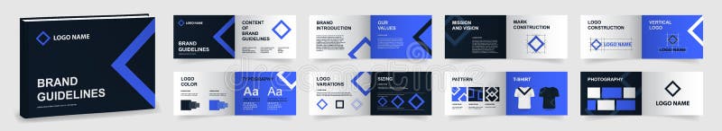 Sjabloon voor multifunctionele merkenrichtlijnen. handmatige vormgeving. sjabloon voor donkerblauw logo richtsnoer. logo-gids