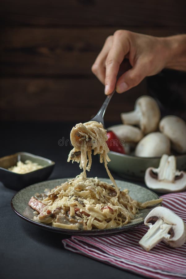 Sjalfettuccinepasta på en gaffel royaltyfria foton Sjalfettuccinepasta på en gaffel royaltyfria foton