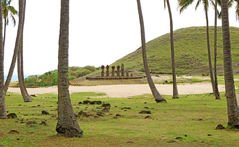 Sju moais of ahu nau nau och en moai of ahu ature huki ceremonial plattform vid anakena-stranden på öskögla royaltyfri bild