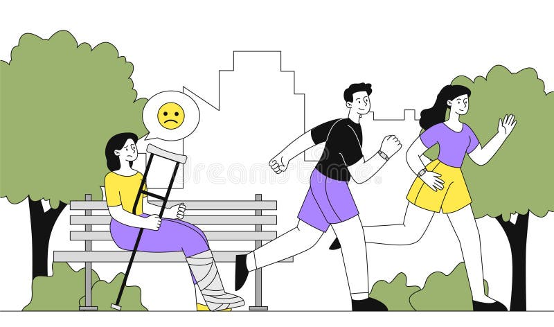 Sjuk kvinna med avund. arg ung flicka på gipsställen på bänk i parken och ser arg på ett par. negativa känslor och royaltyfri illustrationer