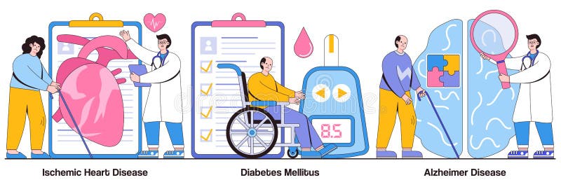 Sjukdomsdiabetes mellitus alzheimer med personlighet. vektor för äldre människors hälsoproblem royaltyfri illustrationer