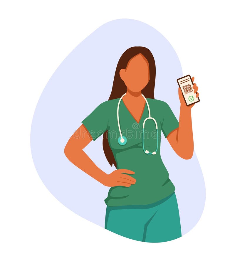 Sjuksköterska med ansvar för enhetlig mobiltelefoni och visa digitalt certifikat vektor illustrationer
