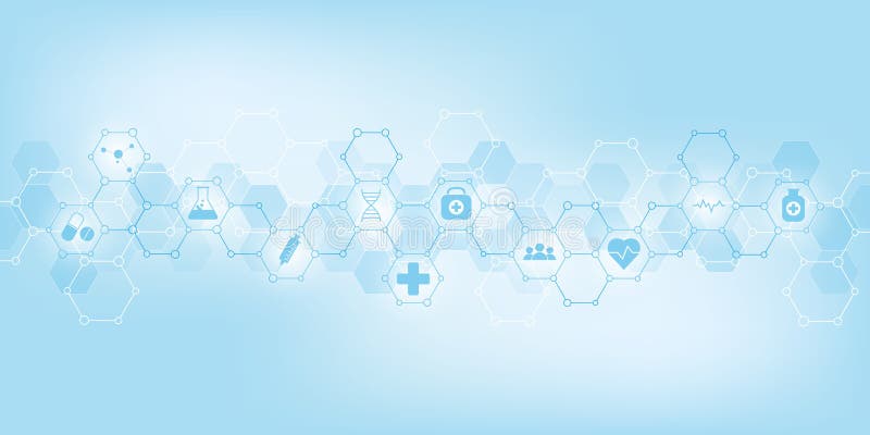 Sjukvård och medicinsk bakgrund med plana symboler och symboler Vetenskaps-, medicin- och innovationteknologibegrepp