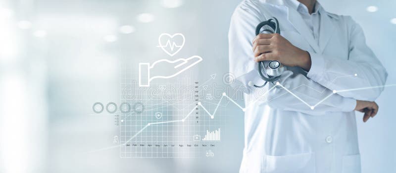Sjukvårdaffärsgraf och läkarundersökning, sjukförsäkring, doktor med stetoskopet i hand och datatillväxtdiagram arkivfoto