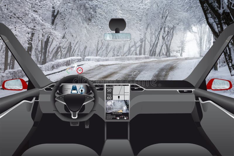 Själv som kör bilen utan chauffören på en vinterväg royaltyfri bild Själv som kör bilen utan chauffören på en vinterväg royaltyfri bild