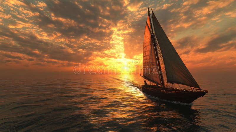 Sjöfart med solnedgång i segelbåt. AI-genererad stock illustrationer