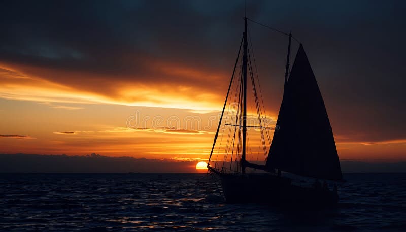 Sjöfartssolnedgång vid havshavet horisonten nautiskt äventyr sjöresa scensegelfisk segeljakt - fotogenerativ AI royaltyfri illustrationer