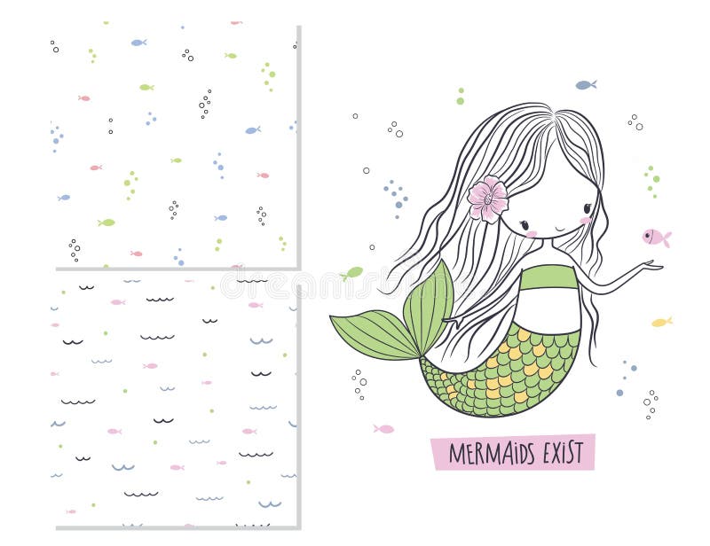 Mermaids exist. Surface design and 2 seamless patterns. Use for print design, surface design, fashion kids wear. Cartoon vector illustration. Mermaids exist. Surface design and 2 seamless patterns. Use for print design, surface design, fashion kids wear. Cartoon vector illustration