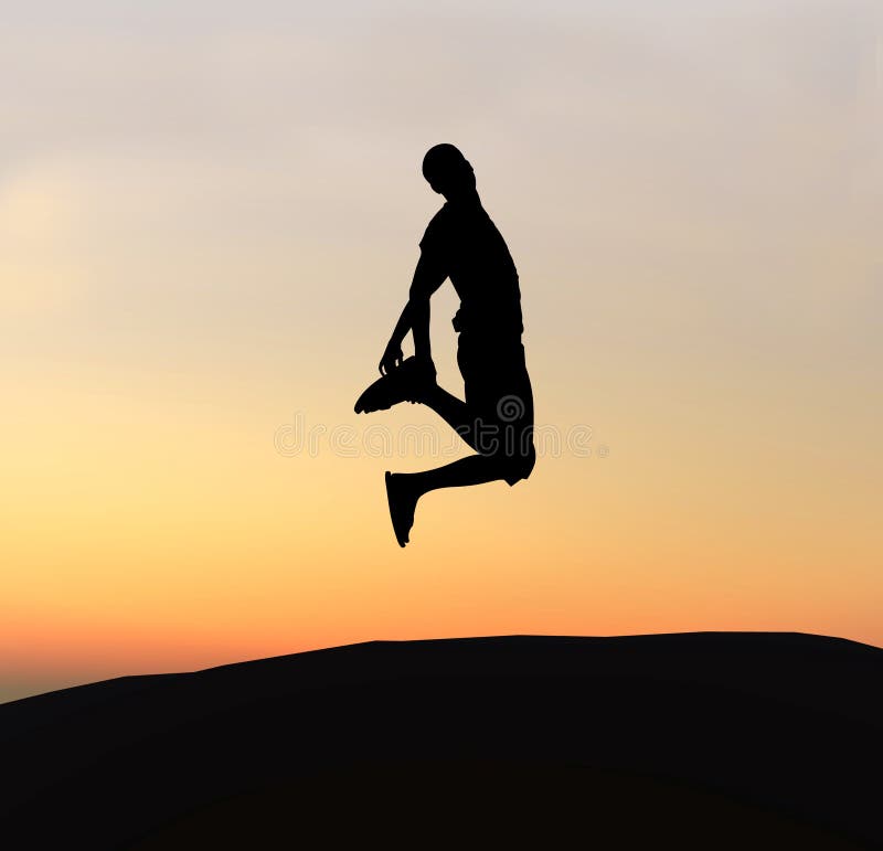 Young boy jumping on air - sunset background. Young boy jumping on air - sunset background