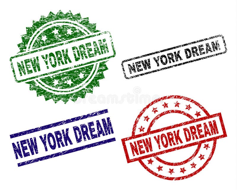 Skadade texturerade skyddsremsor för NEW YORK DRÖMstämpel. Tryck för NEW YORK DRÖMskyddsremsa med anfrätt yttersida Svärta, göra grön, rubber tryck för den röda blåa vektorn av NEW YORK DRÖMtext med skrapad yttersida Gummiskyddsremsor med rundan, rektangeln, medaljong formar
