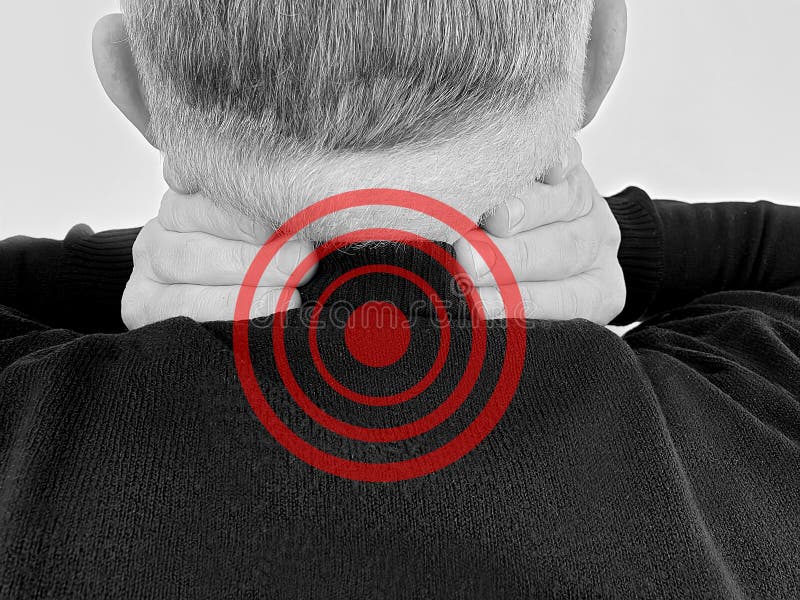 Skadan för den vuxna halsen för mannen smärtar den ryggrads- inflammation för spänningsscoliosislidande royaltyfria bilder Skadan för den vuxna halsen för mannen smärtar den ryggrads- inflammation för spänningsscoliosislidande royaltyfria bilder