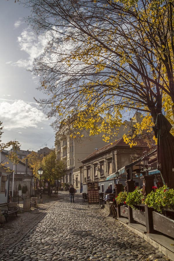 Skadarlija-Straße alias Skadarska am Fall mit seinen typischen Kopfsteinpflasterungscafés und Restaurants und Touristen lizenzfreie stockfotografie Skadarlija-Straße alias Skadarska am Fall mit seinen typischen Kopfsteinpflasterungscafés und Restaurants und Touristen lizenzfreie stockfotografie