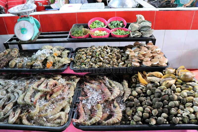 Skaldjur p? nattmarknaden - Kota Kinabalu Sabah Borneo Malaysia Asien arkivbilder Skaldjur p? nattmarknaden - Kota Kinabalu Sabah Borneo Malaysia Asien arkivbilder