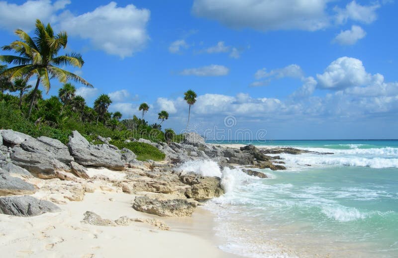 Caribbean beach in Riviera Maya, Cancun, Mexico with white sand and waves crashing lava rocks. Caribbean beach in Riviera Maya, Cancun, Mexico with white sand and waves crashing lava rocks