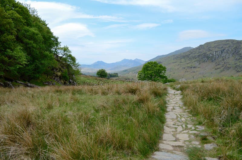 Skalista ścieżka na prawa ręka stronie wizerunków prowadzenia przez obszar trawiastego góry w Snowdonia obrazy royalty free Skalista ścieżka na prawa ręka stronie wizerunków prowadzenia przez obszar trawiastego góry w Snowdonia obrazy royalty free