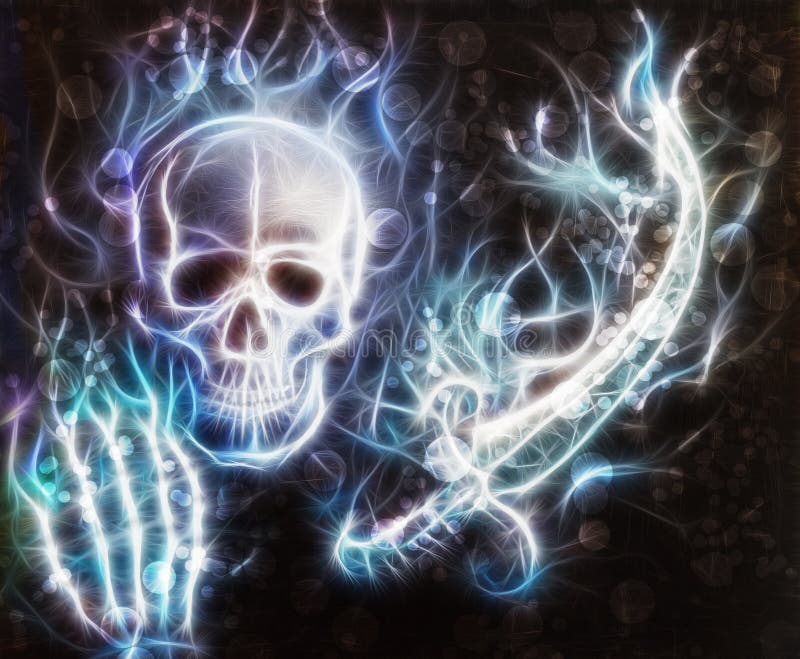 Skalle med en hand, svärdet med bokeh och fractal royaltyfri illustrationer Skalle med en hand, svärdet med bokeh och fractal royaltyfri illustrationer