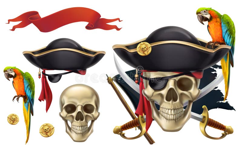 Skalle och papegoja piratkopiera emblemet symboler för pappfärgsymbol ställde in vektorn för etiketter tre stock illustrationer Skalle och papegoja piratkopiera emblemet symboler för pappfärgsymbol ställde in vektorn för etiketter tre stock illustrationer