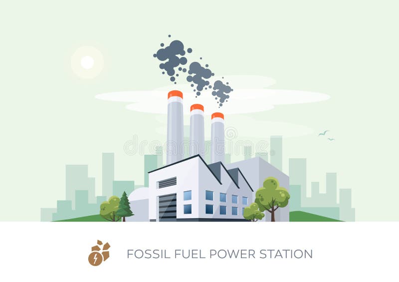 Vector illustration of fossil fuel power station factory icon with sun and urban city skyscrapers skyline on green turquoise background. Vector illustration of fossil fuel power station factory icon with sun and urban city skyscrapers skyline on green turquoise background.