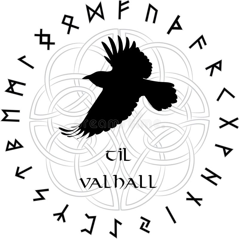 Skandinavisch ornament in de cirkel van magische Norse runen en Raaf het vliegen royalty-vrije illustratie Skandinavisch ornament in de cirkel van magische Norse runen en Raaf het vliegen royalty-vrije illustratie