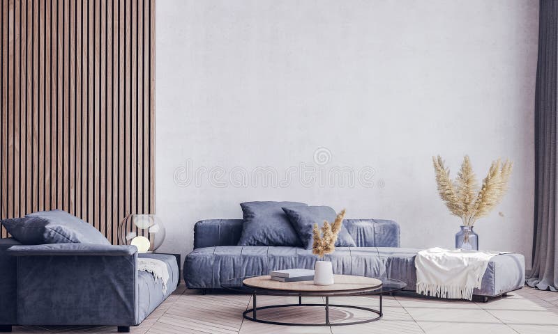 Skandinavische Inneneinrichtung Blue Wohnzimmer mit modernen Möbelweinlese-Tapetenhintergrund mit Holz Dekorationshaus lizenzfreie stockfotografie