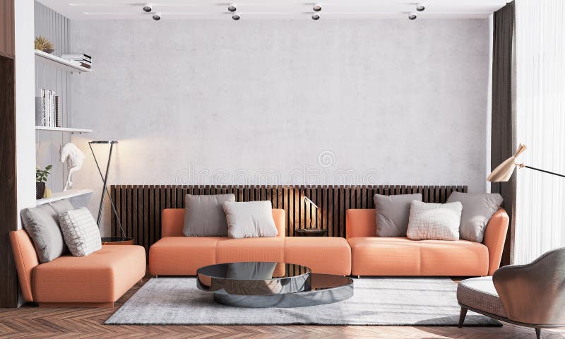 Skandinavische Inneneinrichtung des Wohnzimmer mit beige Tapetenhintergrund der Orangenen Sofamöbelweinlese und Holz Wandstreifen lizenzfreie abbildung