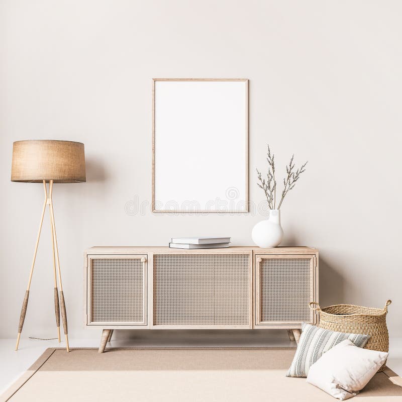 Skandinavische Inneneinrichtung des Wohnzimmer mit dem Rattankonsolenholzstuhl Humbug Aufteilung Plakatrahmen Skandinavische Inneneinrichtung des Wohnzimmer mit dem Rattankonsolenholzstuhl Humbug Aufteilung Plakatrahmen