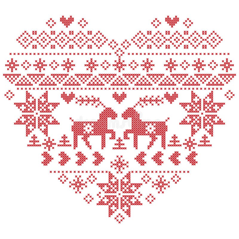 Skandinavische Noordse de wintersteek, breiend Kerstmispatroon binnen in de vorm van de hartvorm met inbegrip van sneeuwvlokken, stock illustratie Skandinavische Noordse de wintersteek, breiend Kerstmispatroon binnen in de vorm van de hartvorm met inbegrip van sneeuwvlokken, stock illustratie