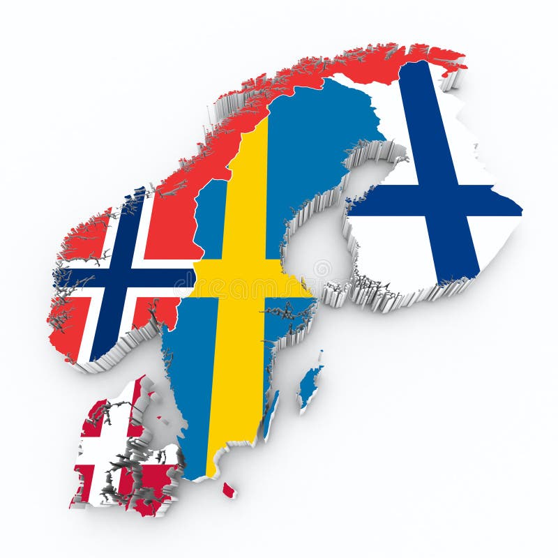 Skandinavische vlaggen op 3d kaart
