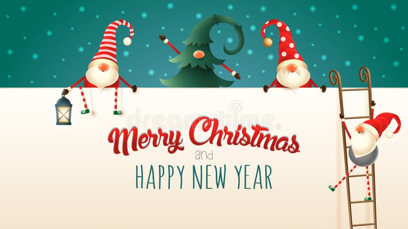 Skandinavische Weihnachtsgnomen klettern oben die Anschlagtafel unter Verwendung der Leitern Frohe Weihnachten und guten Rutsch i stock abbildung Skandinavische Weihnachtsgnomen klettern oben die Anschlagtafel unter Verwendung der Leitern Frohe Weihnachten und guten Rutsch i stock abbildung