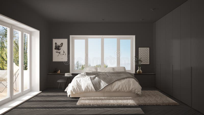 Scandinavian gray minimalist bedroom with panoramic window, fur carpet and herringbone parquet, modern architecture interior design. Scandinavian gray minimalist bedroom with panoramic window, fur carpet and herringbone parquet, modern architecture interior design