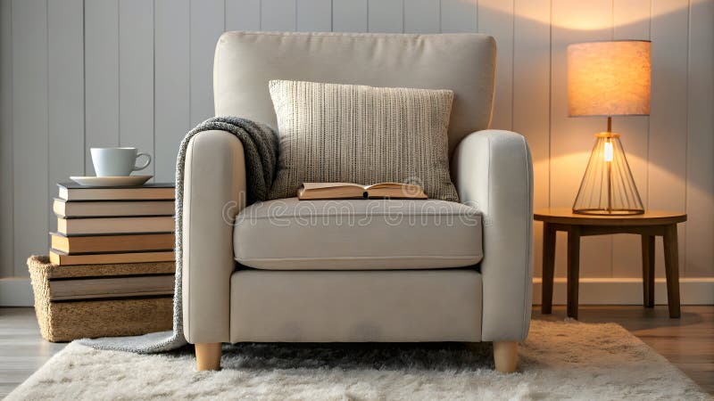 Skandinavisches Wohnzimmer Innendesign gemütliche skandinavische Wohnzimmereinrichtung mit beigem Sessel stock abbildung
