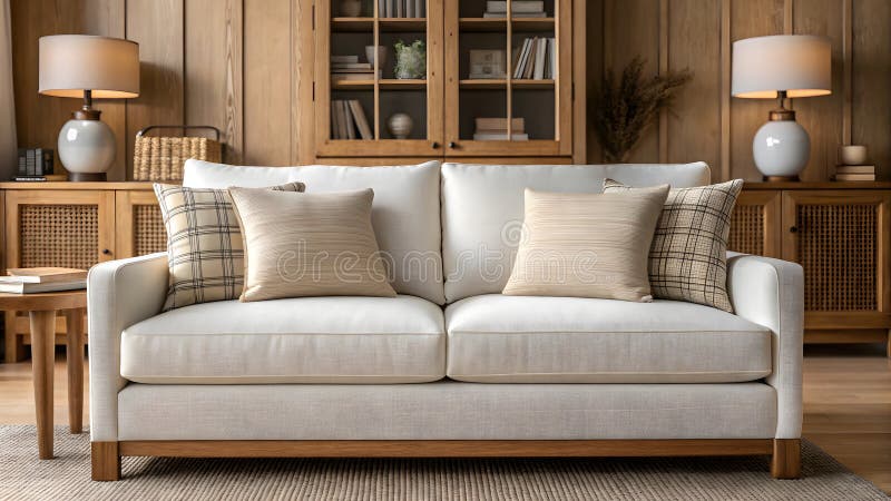 Skandinavisches Wohnzimmer Innendesign gemütliche skandinavische Wohnzimmereinrichtung mit weißem Sofa vektor abbildung