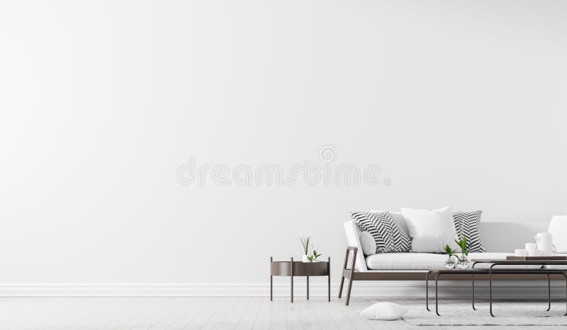 Skandinavisk stil som är inre med soffan och coffetabellen Tom väggåtlöje upp i minimalist inre illustration 3d stock illustrationer