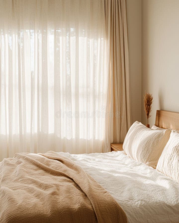Skandinaviskt inspirerade sovrumsrenovering med mjuka texturer stock illustrationer