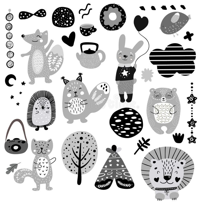 Skandynawscy dzieciaków doodles elementy deseniują czarny i biały monochromu set, dzika ręka rysujący zwierzęta lisy, kot, królik ilustracja wektor Skandynawscy dzieciaków doodles elementy deseniują czarny i biały monochromu set, dzika ręka rysujący zwierzęta lisy, kot, królik ilustracja wektor