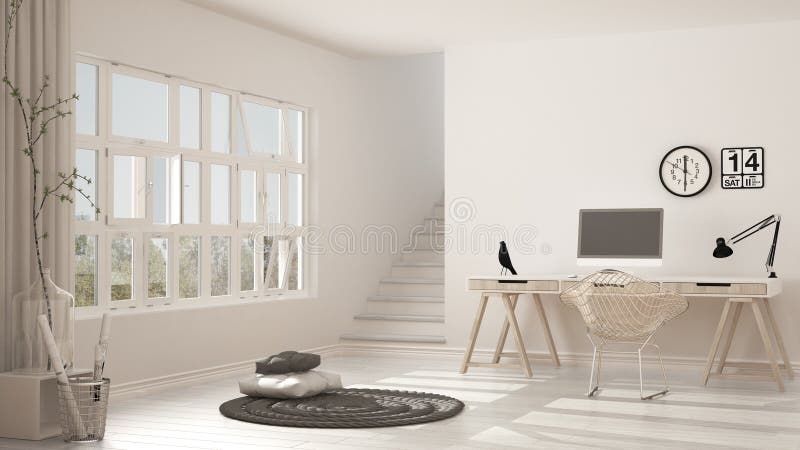 Skandynawski ministerstwo spraw wewnętrznych, loft miejsce pracy, minimalistyczny wnętrze de zdjęcia royalty free Skandynawski ministerstwo spraw wewnętrznych, loft miejsce pracy, minimalistyczny wnętrze de zdjęcia royalty free